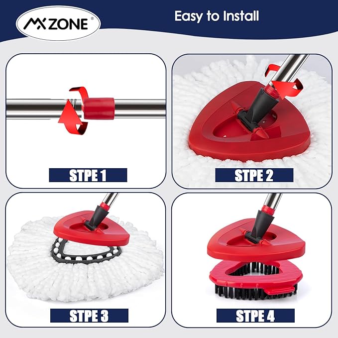 Spin Mop Head Replacement Handle Compatible with O Cedar EasyWring 1-Tank System, 4 Mop Replace Heads, 1 Mop Handle, 1 Base and 1 Scrub Brush Combo Set
