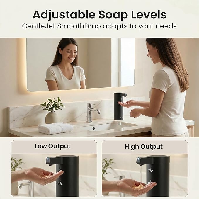 GentleJet SmoothDrop Automatic Liquid Soap Dispenser – Touchless, No-Drip Precision Pump, USB-C Rechargeable, 304 Stainless Steel, Waterproof Countertop Dispenser for Kitchen & Bathroom Sink, 270 ml