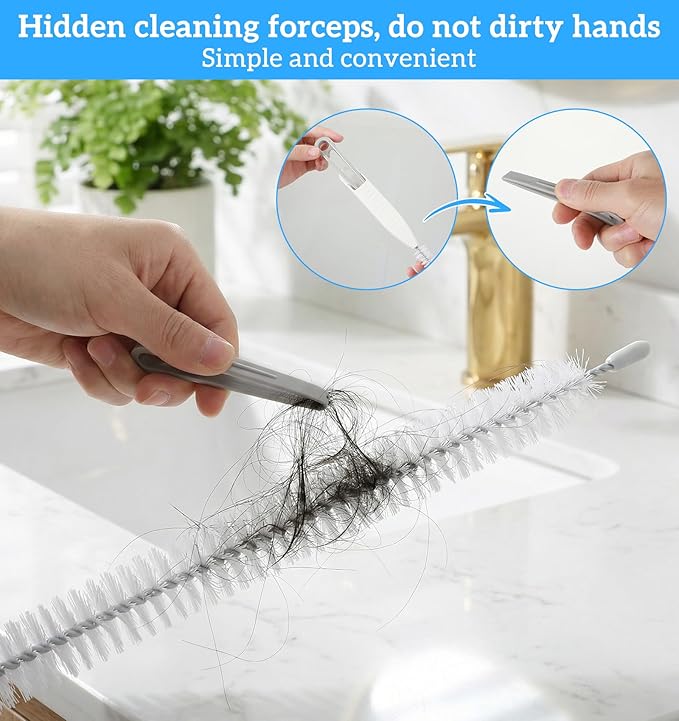 Snake Drain Hair Removal Tool, 26" Drain Brush Pipe Cleaning with Hair Catcher & Forceps, Heavy-Duty Sewer Snake Tool for Clog Removal