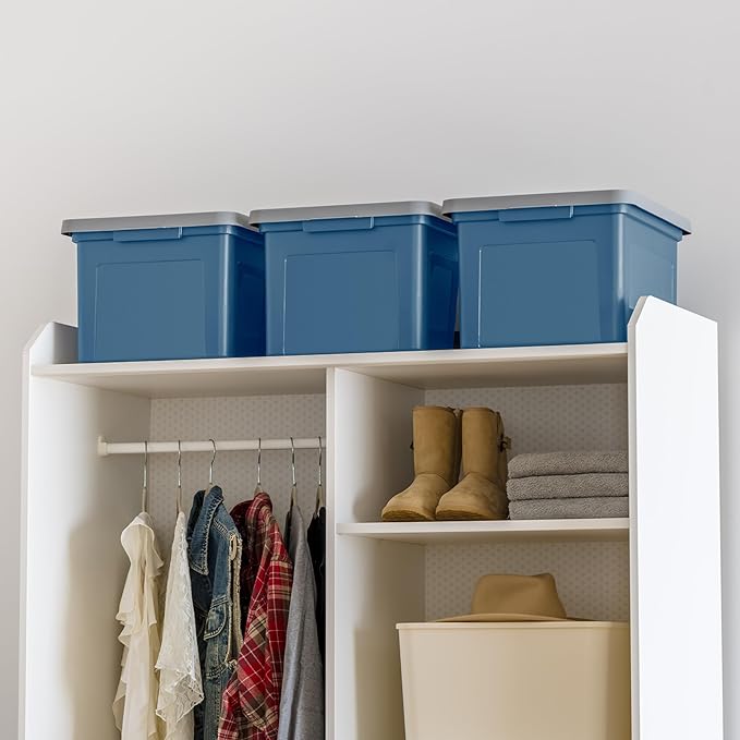 IRIS USA File Box Plastic File Organizer for Letter/Legal File, Document Box, Durable Storage Bin Tote with Secure Latching Lid, Stackable, BPA-Free, Eco Friendly, Sustainable, Navy/Gray 35 Qt. 4 Pack