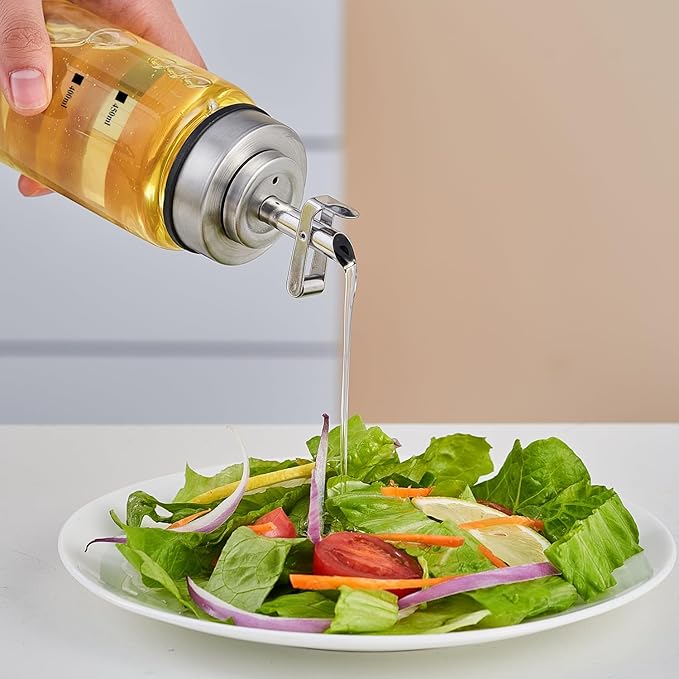 Verdental 15 oz Glass Olive Oil Dispenser Bottle with Stainless Steel Pourer Spout for Cooking Oil, Syrups, Vinegar, Sauces, Wines with Non-slip Silicone Ring and Labels (450 ML)