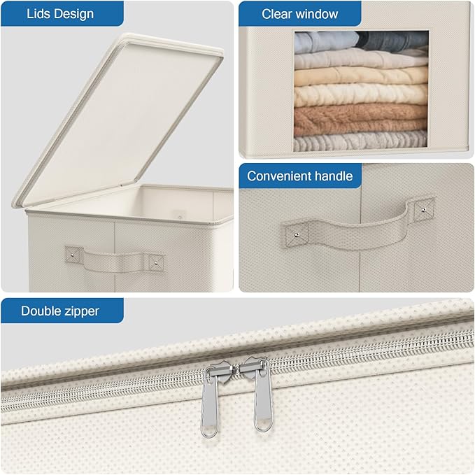 Zilink Fabric Storage Bins with Lid 4-Pack Stackable Cloth Storage Bins Sweater Organizer with Zipper & Clear Window Closet Organizers and Storage Box for Home, Office, Bedroom (Beige,17" x 12" x 12")