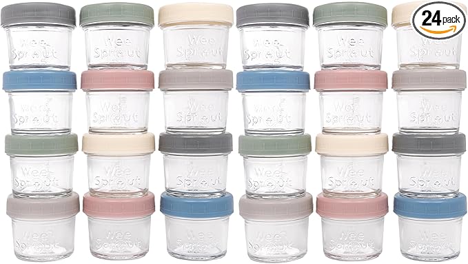 WeeSprout Baby Food Storage Glass Jars w/Lids (4 oz, 24 Pack) Matte Variety, Snack, Reusable Small Containers, Fridge or Freezer