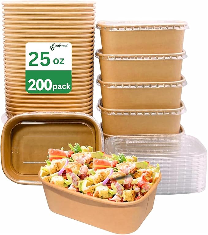 25 oz Disposable Bowls with Lids, 200 Sets Kraft Paper Bowls Square, Disposable Meal Prep Food Container with Sealing Lid