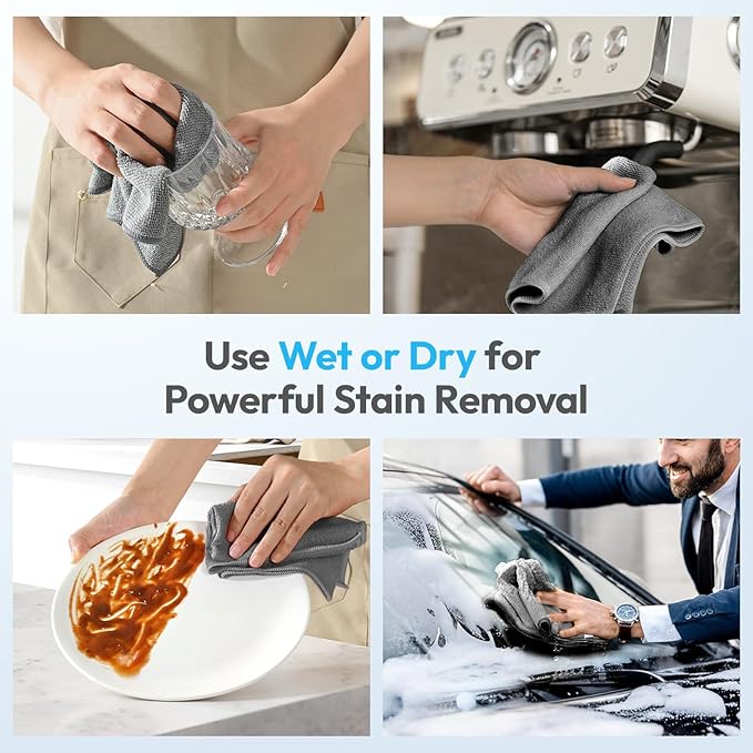 Microfiber Cleaning Cloth 12 Pack - 12x12 Inch Grey Microfiber Towels for Cars - Super Absorbent Lint Free Streak Free Microfiber Rags for Washing, Polishing, Buffing and Drying