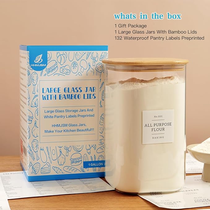 HHMJSM Large glass flour and sugar containers with 132 Kitchen Pantry Labels - 138 FL OZ Glass Food Storage Containers with Airtight Lids