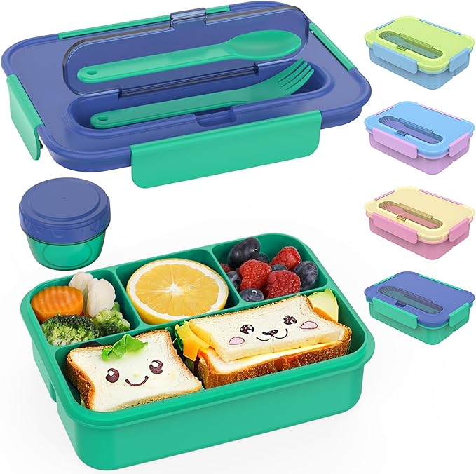 Caperci Bento Box for Kids - 50oz Larger Lunch Box Containers for Kids, Reinforced Leakproof, Built-in Sauce Cup, Utensils, 4 Compartments, BPA-Free Microwave & Dishwasher Safe (Navy/Green)