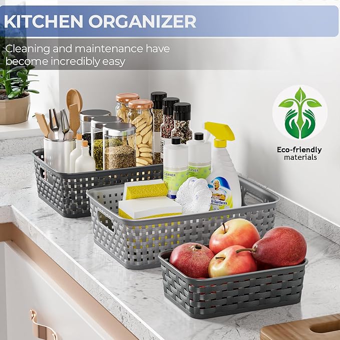 12 Pack Plastic Storage Baskets, Small Baskets for Organizing, Plastic Storage Bins Wicker Pantry Organizer Bins Household Toys for Laundry Room, Bedrooms, Kitchens, Cabinets, Countertops