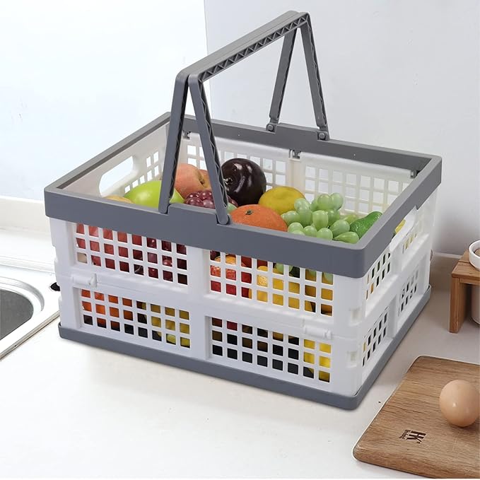 Teyyvn 2-Pack Collapsible Crate with Handle, Stackable Grocery Shopping Baskets
