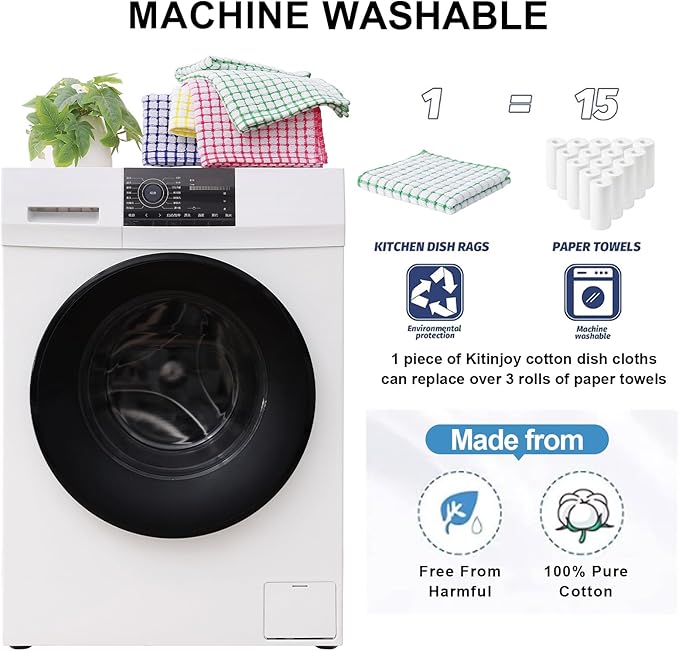 Kitinjoy Cotton 8 Pack Terry Kitchen Dish Cloths, 12 x 12 Inches Super Soft and Absorbent Dish Rags, Quick Drying Dish Towels for Washing Dishes, Green