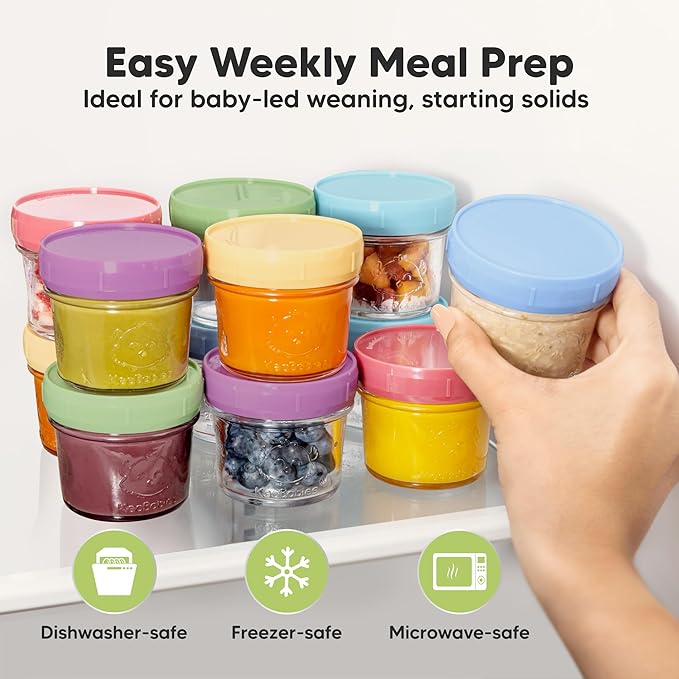 KeaBabies 12pk 4oz Glass Baby Food Containers with Lids - Leak-Proof, Microwavable Small Glass Jars, Baby Purees & Toddler Snack Storage Containers, BPA-Free, Dishwasher & Freezer Safe (Nord)