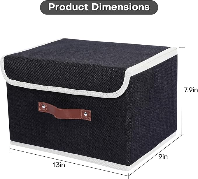 ANMINY 2PCS Storage Bin with Lid Storage Boxes with PU Leather Handles PP Plastic Board Decorative Foldable Lidded Cotton Linen Fabric Home Cubes