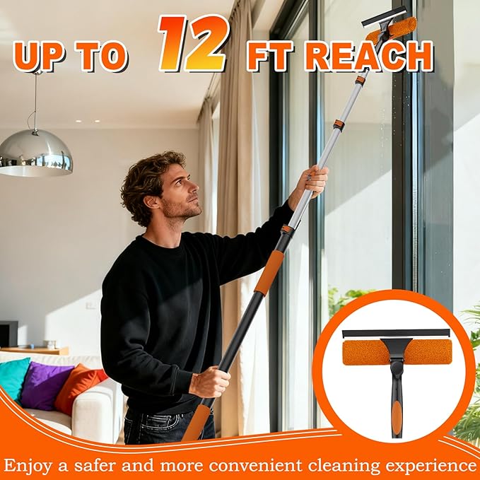 SISUPASSIE 20FT Reach 2-in-1 Window Squeegee, Professional Window Washing Kit with 3-12FT Extension Pole for Home