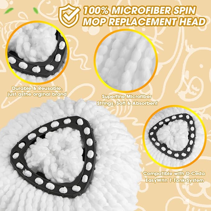 3 Pack Mop Heads Replacements,100% Microfiber Spin Mop Replacement Heads Compatible with OCeda EasyWring 1-Tank System,360 Degree Spin Mop Refill for Easy House Cleaning Floor Mopping