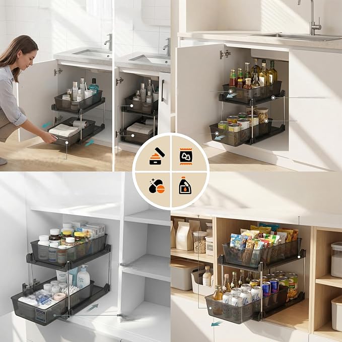 2 Pack Bathroom Organizer,2 Tier Clear Under Sink Organizers Vanity Countertop Storage Container,Cabinet Drawers Bins, Pull-Out Organization with Track for Pantry, Kitchen