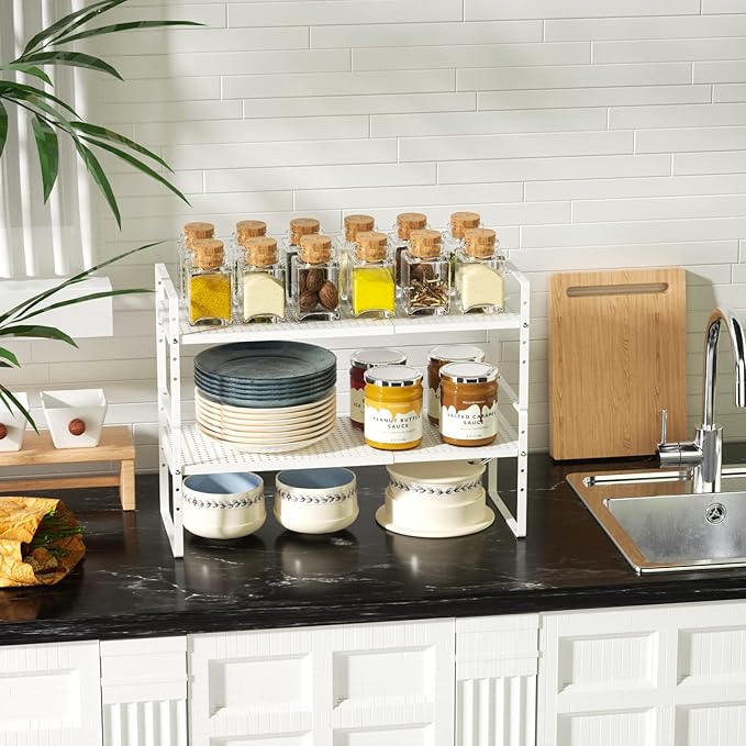 Cabinet Organizer Shelves,3 Pack of Expandable Spice Racks,Space Saving Storage Shelves for Kitchen,Pantry,Bathroom, Bedroom, Under Sink,Office,Table Surfaces & Counter,White Modern Style