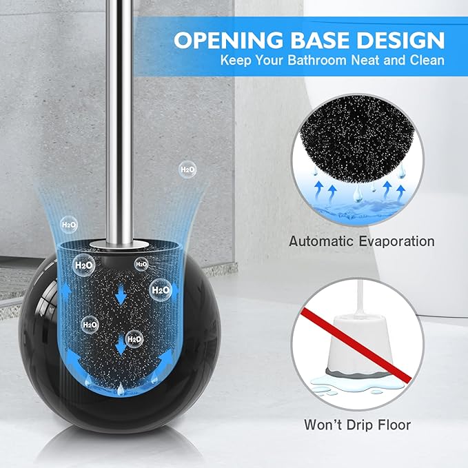 Toilet Brush and Holder 2 Pack, 304 Stainless Steel Toilet Brush with Extended and Durable Comfortable Brush Handle, Toilet Bowl Brush for Bathroom Toilet - Ergonomic, Pratical Durable (Black)