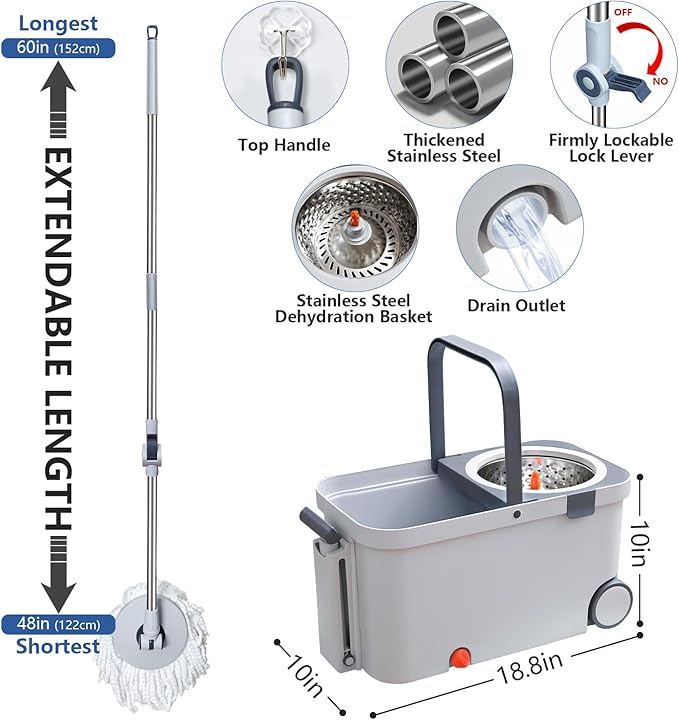 KZKR Spin Mop and Bucket with Wringer Set on Wheels, 180° Spinning Mop Bucket System with 6 Washable Microfiber Replacement Mop Pad Heads Refill, Adjustable Handle for Floor Cleaning Home