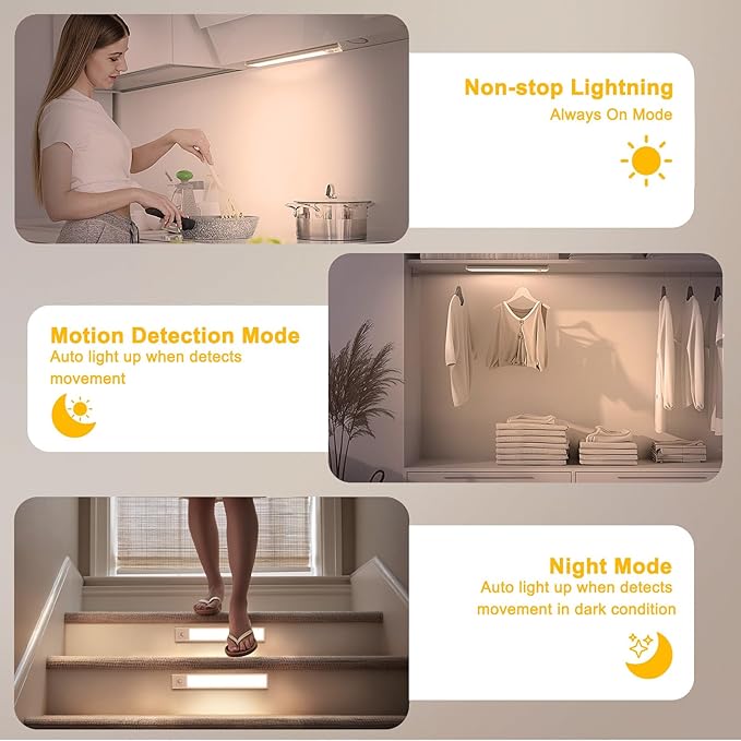 Onforu 13.8" Under Cabinet Lighting, 2700mAh USB-C Rechargeable, Motion Sensor Under Cabinet Lights with 3 Color & Dimmable, Magnetic Under Counter Lights for Kitchen, Closet, 2 Pack