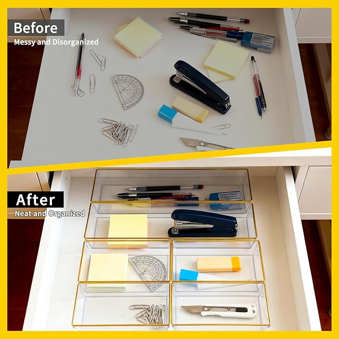 12 Pack Large Size Clear Stackable Drawer Organizer Trays, Gold Rim Makeup Drawer Storage Tray Divider, Desk Storage for Makeup, Jewelry, Bathroom
