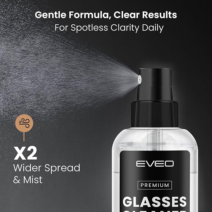 EVEO Glasses Cleaner Spray - Eyeglass Cleaner (No Streaks)| Eye Glass Cleaners Spray + Lens Cleaner Microfiber Cleaning Cloth
