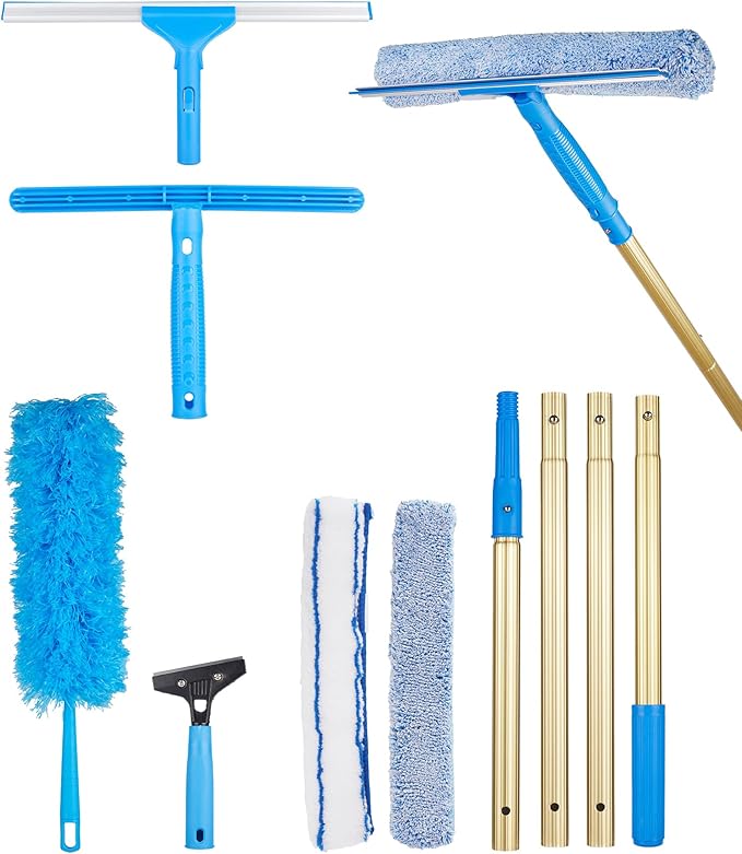 2 in 1 Window Squeegee Cleaning Kit with Aluminum Alloy Extension Poles, Scrubber, Glass Scrapper, Bendable Duster,2 Scrubber Cloth for Window, Car