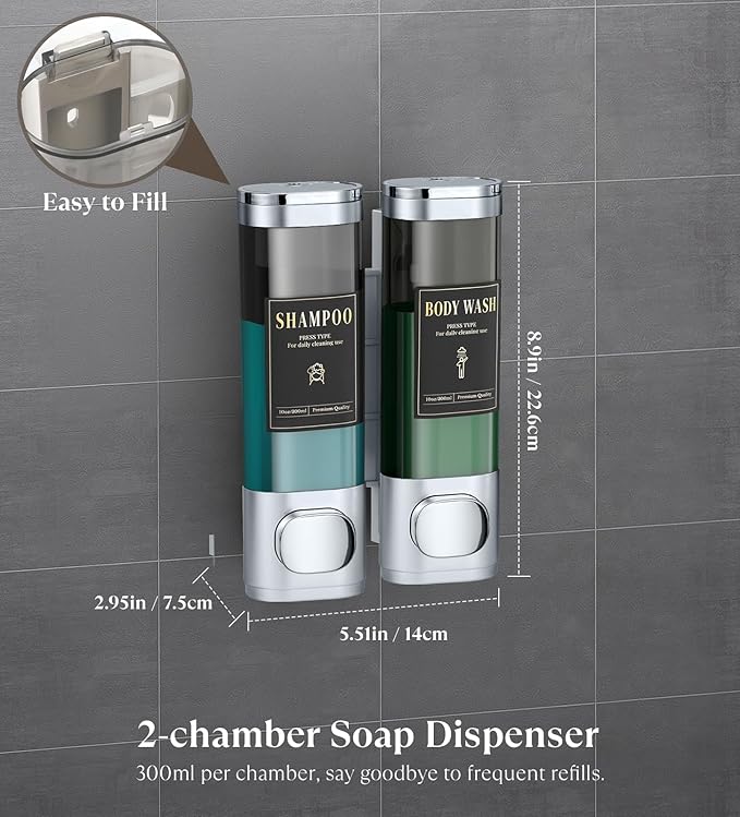Luxspire Shampoo and Conditioner Dispenser, No Drill Wall Mounted Shower Soap Dispenser 2 Chamber with Waterproof Labels, Easy Refill Soap Dispenser for Bathroom Hotel Kitchen, Silver