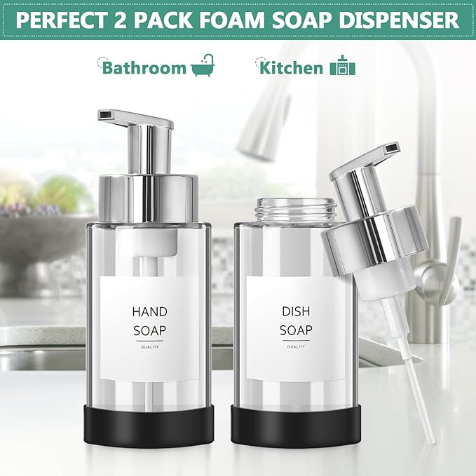 RYTOXILO Glass Soap Dispenser, 10 oz/300ml Foaming Soap Dispenser, 2 Pack Foaming Hand Dispenser with 2 Non-Slip Silicone Bottom Sleeve, Clear Refillable Foam Soap Bottle with Silver Pump