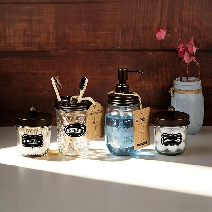Amolliar 4 Pack Mason Jar Liquid Soap Dispenser, Rustproof Stainless Steel Lid Pump, Refillable Hand Soap for Bathroom, Kitchen, Cute Farmhouse Decor for Dish Soap, Liquid Soap, Lotions(Bronze)