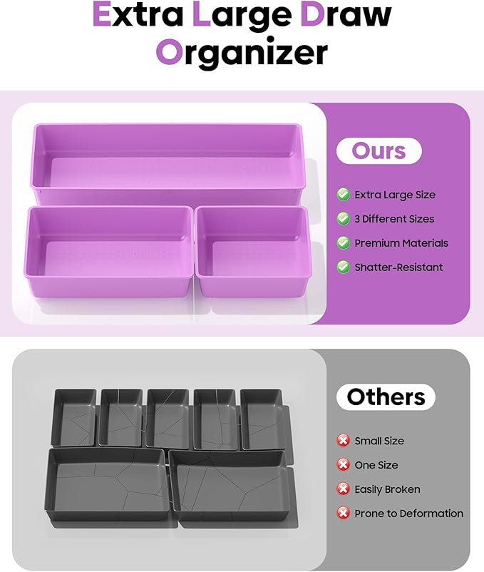 10 Pack Large Size Plastic Drawer Organizers Set, Purple
