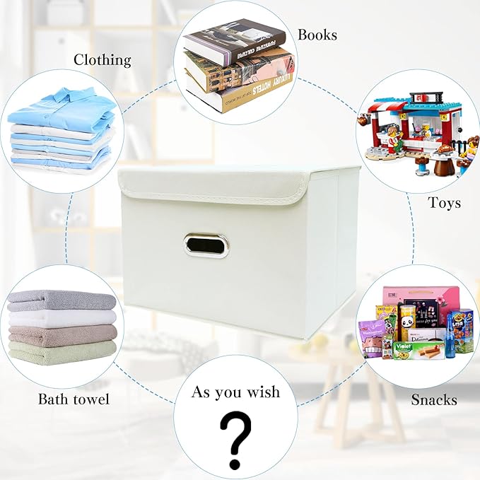 STOREONE Fabric Storage Cube Bins Foldable Organizer Container Collapsible Basket with Lids and Metal Handles, for Home, Bedroom, Closet 8 Pcs (Creamy-White)