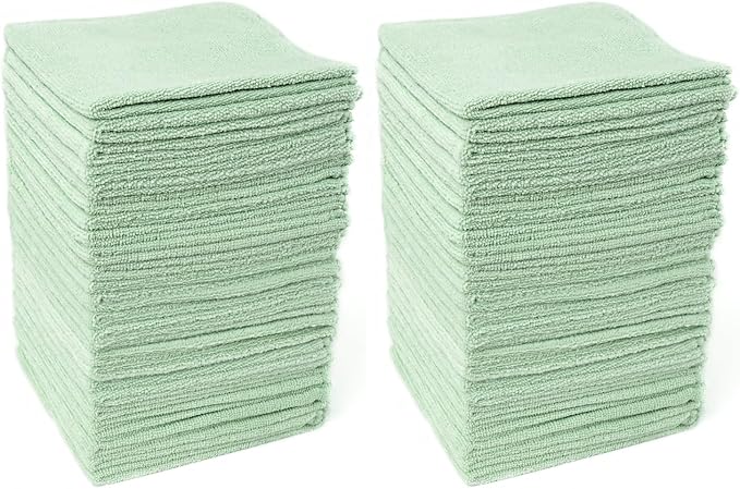 HAWOK Microfiber Cleaning Cloths with Poly Scour Scrub Side, 13 x 13 inches, 50 Pack, Glass Car Window Dish Cloths, Reusable and Machine Washable, Lint-Free, Green