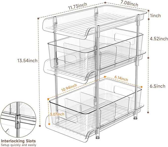2Set 3 Tier Clear Bathroom Organizer with Dividers