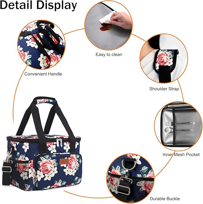 Femuar Lunch Bags for Women/Men, Insulated Lunch Bag for Work Office Picnic - Large Lunch Cooler Bag Leakproof Lunch Box with Adjustable Shoulder Strap for Adults - Floral(15L)