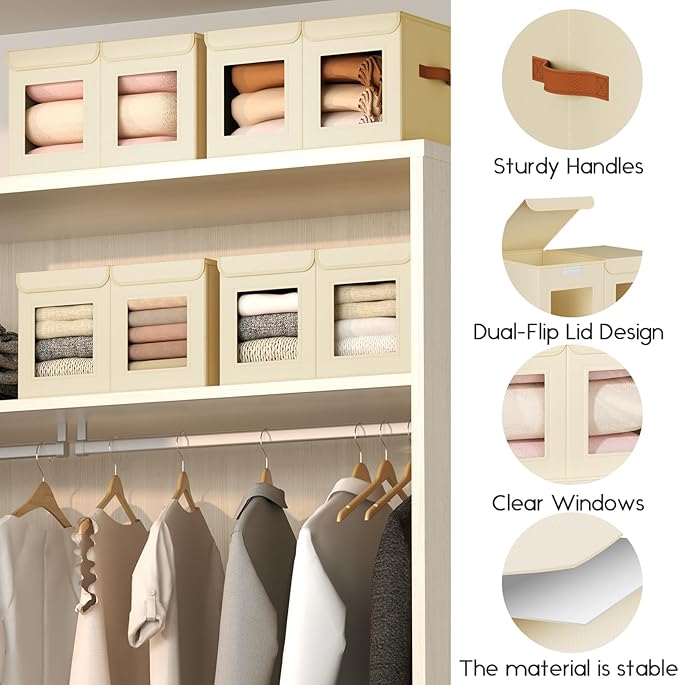 Homsorout Large Closet Storage Bins - Collapsible Divided Clothes Organizer with Lids & Dual Window, Fabric Organizing Bins for Clothes, Sweater, Bedroom, Office (Beige, 2 Pack)