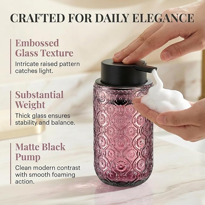Pink Glass Foaming Hand Soap Dispenser with Matte Black Pump Thick Embossed Bottle Refillable for Bathroom and Kitchen Decor 13.5 oz
