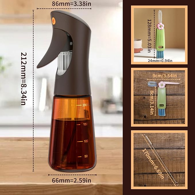 Olive Oil Sprayer for Cooking Glass, 200ml Olive Oil Dispenser Bottle Brown, Spray Bottles Oil Dispenser for Kitchen, Kitchen Gadgets for Salads, Grilling with 3 in 1 Cap Brush ＆ Straw Brush