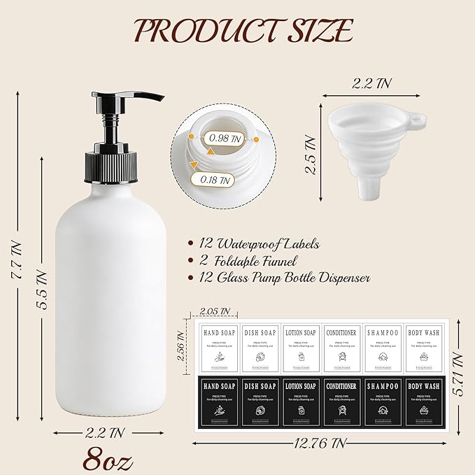 TBWIND 12 Pack 8oz White Glass Soap Dispenser Bottles with Pumps, Refillable Glass Bottles for Shampoo, Conditioner & Lotion, Ideal for Bathroom, Kitchen, Waterproof Labels & Funnels Included