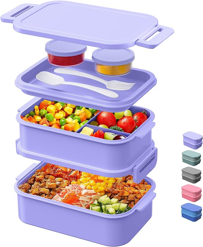 Lunch Box Adults Bento Box - 74 OZ All-in-One Stackable Lunch Box Containers for Adult Large Bento Box with Fork Spoon Sauce Boxes
