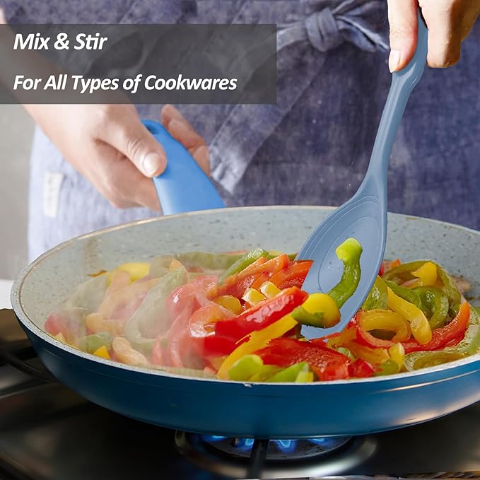 Large Silicone Cooking Spoon, Non-Stick Solid Spoon set with Deep Bolw and Measurement Mark for Mixing, Serving, Draining, Scooping, Scraping, Heat Resistant Kitchen Utensils, Starry Blue