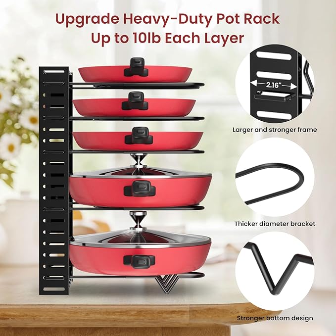 Podxco Pot and Pan Organizer for Under Cabinet, 8 Tiers Adjustable Pan Organizers Inside Cabinet with 3 DIY Methods, Upgrade of Pan Organizer Balance Ability, Kitchen Pan Rack Organizer for Cabinet