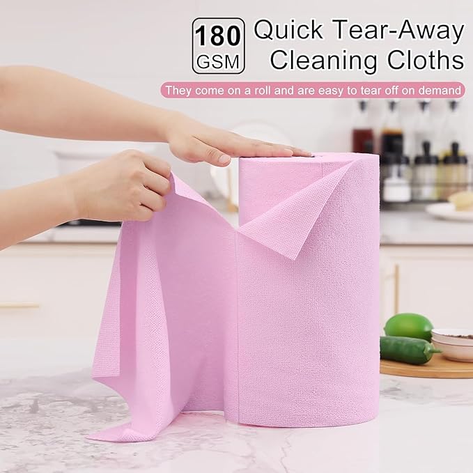 Homaxy Tear Away Dish Cloths Rolls, 75 Sheets-11.8" X 11.8", Reusable Washable Dish Towels for Kitchen, Ultra Absorbent and Quick Drying Microfiber Cleaning Rags, Pink