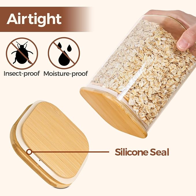 ComSaf 0.8 Qt Glass Jars with Bamboo Lids & Spoons Set of 4, Square Glass Containers with Lids, Sugar Coffee Containers Salt Spice Jars