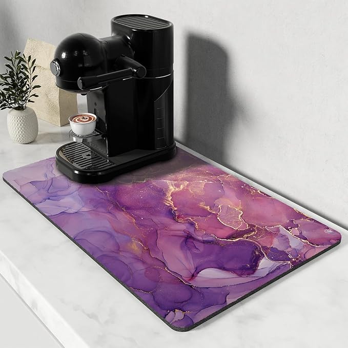 Dish Drying Mat for Kitchen Counter, Purple Shiny Abstract Marble Design, Washable Absorbent Quick Dry Pad with Rubber Backing, Draining Mat for Dishes Coffee Table, 16" x 24"