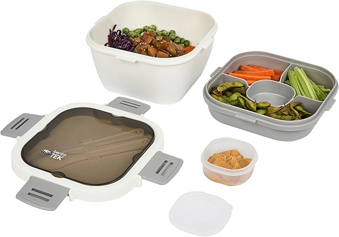 Restaurantware-Bento Tek 57.5 Ounce Bento Box, 1 Reusable Lunch Container - With Fork And Knife, Does Not Contain BPA, White And Gray Plastic Reusable Lunch Box, Microwavable, Dishwashable