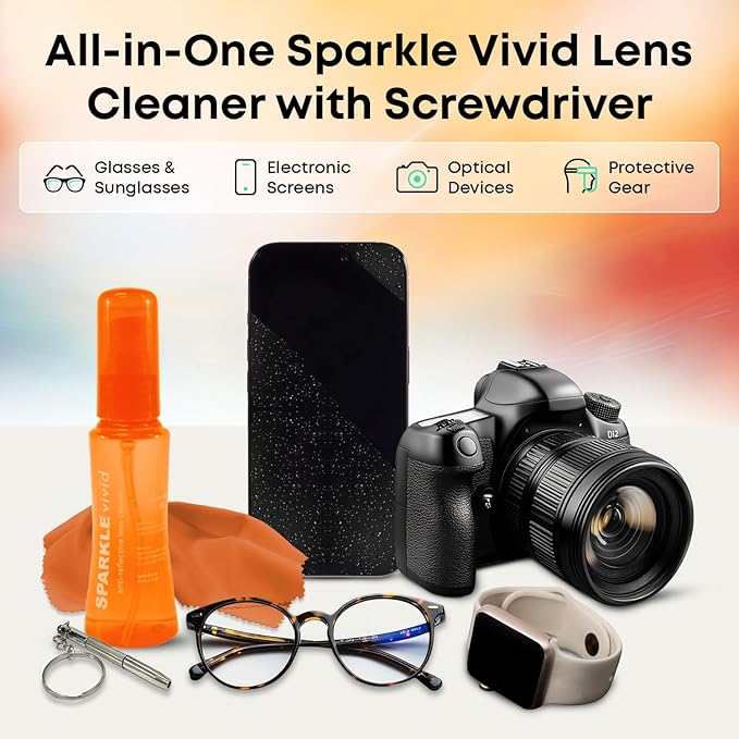 Sparkle Vivid Anti-Reflective Safe Lens Cleaner & Repair Kit – (2) 2oz Glasses Cleaner Spray, (2) Microfiber Cloth & Keychain Screwdriver for Eyeglasses, Sunglasses, Lenses & Screens (5 Piece Set)