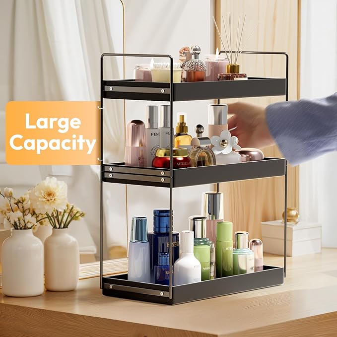 Bathroom Countertop Organizer, 3 Tier Metal Vanity Counter Skincare Shelf, Matte Black Under Sink Standing Rack With Acrylic Tray, Home Storage Holder For Lotion Makeup Cosmetics Perfume Spice