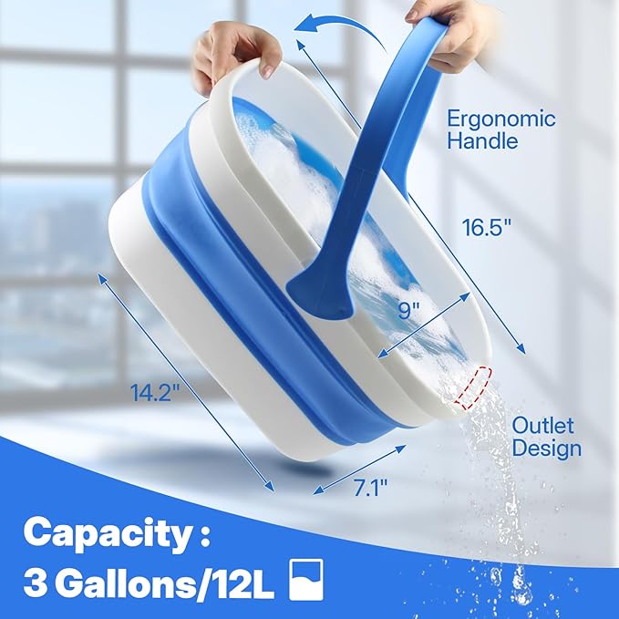 Window Cleaning Kit with Collapsible Bucket 3 Gallon, 14" Window Squeegee and 15" Scrubber with 61" Long Handle