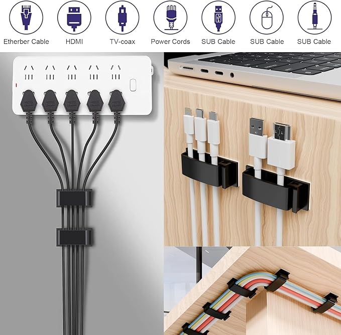 for Desk Under Table Wire Management Adhesive Cable Clips 49Pcs(Black).Used for Computer pc,tv,ethernet Wires Cable Management on Large Cable Hooks Organizer Clips (Black, Small：49PCS)