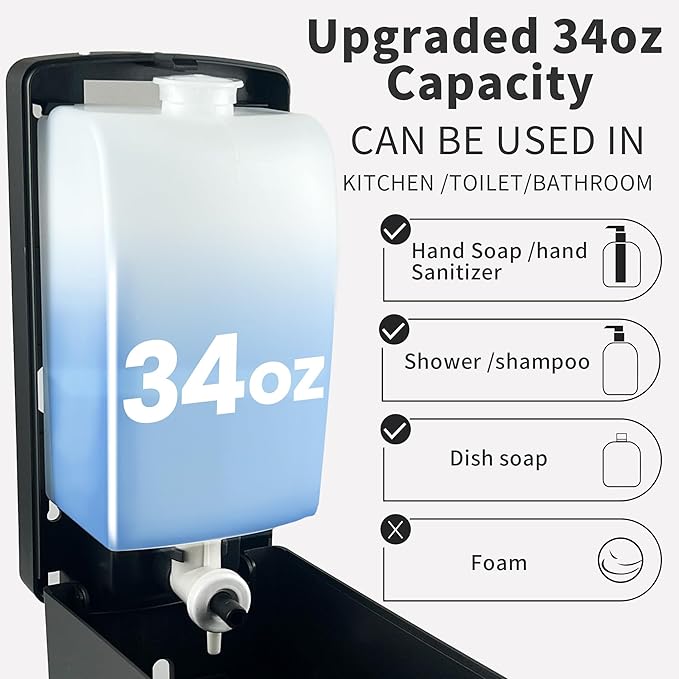 Hand Soap Dispenser 33.8oz Wall Mount, Commercial Grade No Drip Gray Soap Dispenser for Kitchen, Bathroom,Liquid Soap,Hand Sanitizer, Drill or Adhesive Mount, with Visible Window